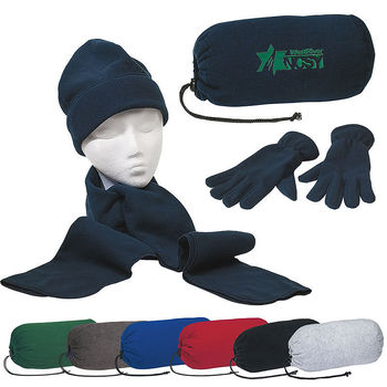 Fleece Winter Scarf, Cap and Gloves in a Fleece Drawstring Bag
