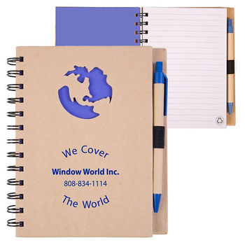 5" x 7" Spiral Recycled Notebook with Die-Cut Globe Cover and UNimprinted Pen