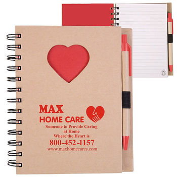 5" x 7" Spiral Recycled Notebook with Die-Cut Heart Cover and UNimprinted Pen