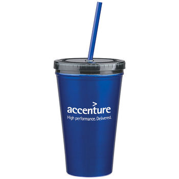 16 Oz. Reusable "Carry Out" Cup - Stainless Steel Double Wall Tumbler With Straw