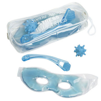 Spa Kit in Clear Zippered Bag Includes Roller Face Massager, Cool Gel Eye Mask and Palm/Foot Massage Ball