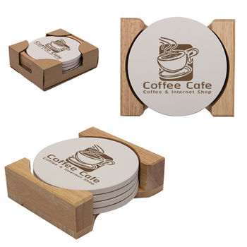Round Absorbent Stone Coaster with Cork Backing and Natural Wood Holder - Set of 4