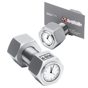 Metal Nut & Bolt Desk Clock with Business Card Holder