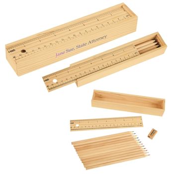 Colored Full-Sized Pencil Set In Wooden Ruler Box
