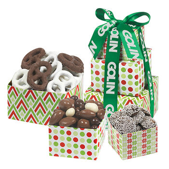 Mini 3-Tier Gourmet Gift Tower with Chocolate Pretzels, Nonpareils, and Bridge Mix