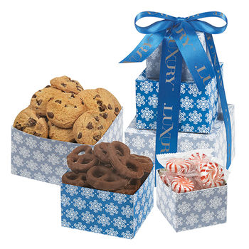 Mini 3-Tier Gourmet Gift Tower with Chocolate Pretzels, Cookies, and Starlight Mints