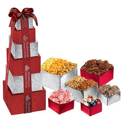 6-Tier Celebration Snack Gift Tower with Lindt&reg; Truffles, Butter Toffee, Starlight Mints, Dry Roasted & Honey Roasted Peanuts, Mini Pretzels and 3 Popcorn Flavors