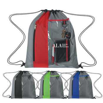 14" x 17" Polyester Drawstring Cinch Backpack with Clear Pocket - Stadium Security Approved 