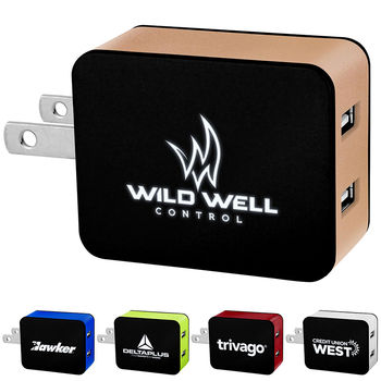 LIGHT-UP LOGO Metallic Wall Charger - 2 USB Ports