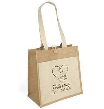 14" x 14" 10 oz Cotton & Jute Tote Bag with Wooden Button Closure and 28" Handles