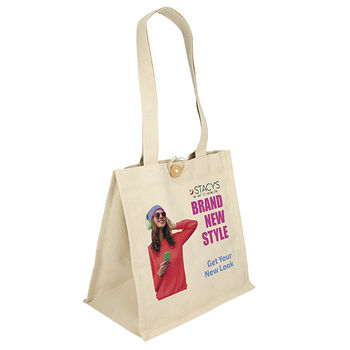 13" x 13" 10 oz Cotton Tote Bag with a Wooden Button Closure and 28" Handles and Full Color Printing