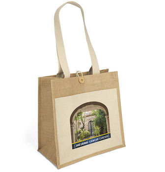 14" x 14" 10 oz Cotton & Jute Tote Bag with Wooden Button Closure and 28" Handles and Full Color Printing