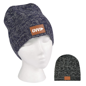 Cable Knit Beanie with Leatherette Patch - GOOD