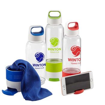 Water Bottle with Built-in Phone Stand & Cooling Towel in a Separate Compartment
