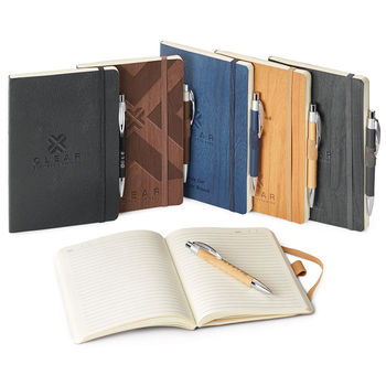 5" x 8" Bound Vinyl Wood Grain Soft-Cover Journal with 80 Lined Pages with Imprinted Pen