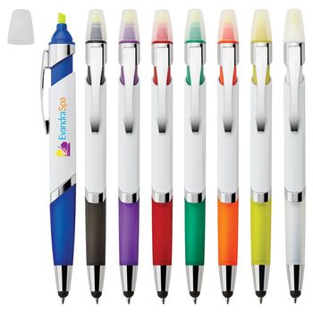 Ballpoint Stylus Pen and Highlighter with Flattened Barrel and Large Imprint Area with Full Color Printing