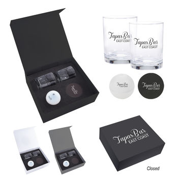Whiskey Set with (2) Glasses, (2) Coasters and (1) Ice Sphere Mold 
