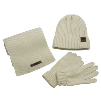 Deluxe Cable Knit Winter Set with Leather Patch, Includes Hat, Gloves, and Scarf 
