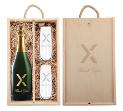 Custom-Label Champagne Gift Set with Stemless Flutes and Engraved Wooded Box