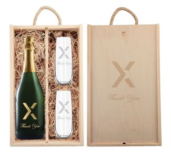 Custom-Label Champagne Gift Set with Stemless Flutes and Engraved Wooded Box