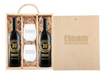 Custom-Label 2-Bottle Wine Gift Set with Stemless Glasses and Engraved Wooded Box