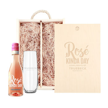 Custom-Label Mini Rose Gift Set with Stemless Glass and Engraved Wooded Box