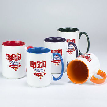 15 oz Coffee Mug with Color Interior and Handle and Full-Color Imprint - Low Minimums