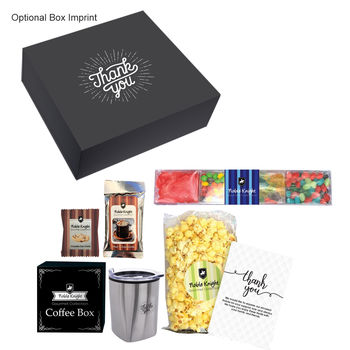 Snack Attack Sugar Rush Set Includes Jelly Beans, Swedish Fish, Skittles, Gummy Bears, Gourmet Popcorn, Peppermints, Chocolate Chip Cookie, Hot Cocoa, Gourmet Coffees and Stainless Steel Tumbler