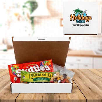 Virtual Welcome Snack Box Includes Skittles, Granola Bar and Trail Mix and your Imprint on the Box Top