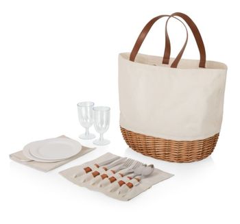 Picnic Basket Set Includes Service for Two Including Plates, Glasses and Flatware