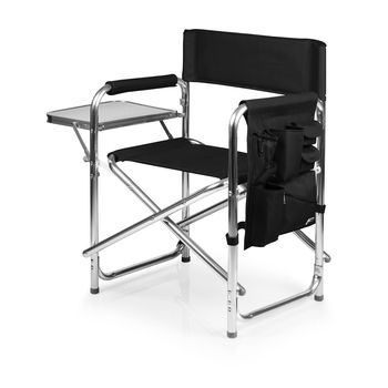 Easily Transportable Lightweight Aluminum Sports Chair Features a Fold-Out Side Table and an Armrest Caddy with Storage Pockets