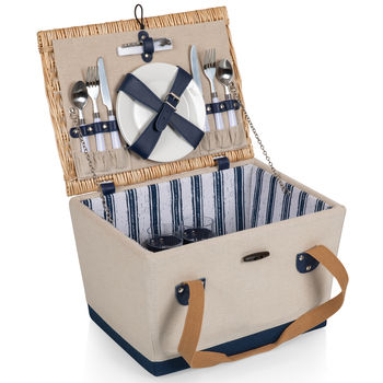Retail-Quality Wooden Frame Handwoven Picnic Basket Features Full-Service for Two Including a Stainless Waiter’s Corkscrew
