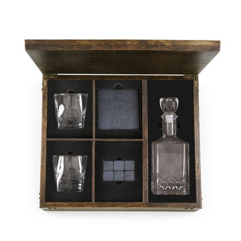 Whiskey Box Gift Set Includes Decanter, Glasses, Coasters and Whiskey Stones in a Rubberwood Chest, Perfect for VIPs and Executives