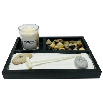 Zen Garden with Vanilla-Scented Candle, Sand, Rake and Zen-Etched Rocks
