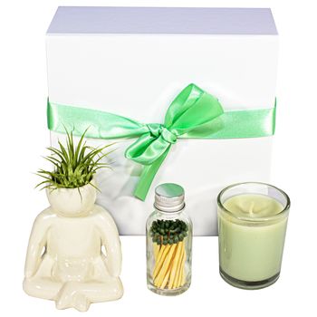 Zen Gift Box Includes Meditative Pose Ceramic Pot, Scented Candle and Matches in a Glass Bottle