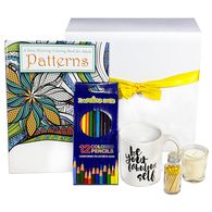 Pause and Unwind Gift Box Includes Adult Coloring Book, Colored Pencils, Motivational Coffee Mug, Candle and Matches in a Glass Bottle