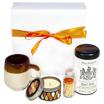 Tea Time Gift Box Includes Earl Grey tea, Ceramic Tea Cup, Flower Candle and Matches in a Glass Jar