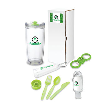 Out and About Gift Set Includes Travel Tumbler, Bottle Opener, Hand Sanitizer, and Utensil Kit in a White Box w Custom Label