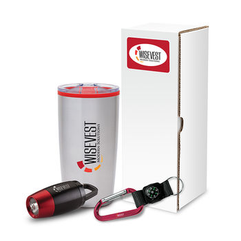 Sip, Shine and Navigate Gift Set Includes 20 oz Tumbler, Carabiner Compass, and Clip Light in a White Box w Custom Label
