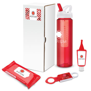 Team Wellness Gift Set Includes Bottle, Hand Sanitizer, LED Light, and Wet Wipes in a White Box w Custom Label