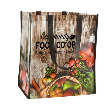14" x 12.5" Laminated Non-Woven Big Grocery Tote with Vegetables on Wood Background Design