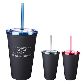 16 Oz. Matte Black "Soft Touch" Double Wall Tumbler With Bright Lids and Straws