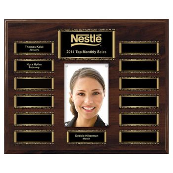 13-Plate Scroll Border Photo Plaque, Walnut Finish, Easy Perpetual Plate Ordering