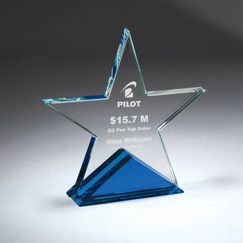 Clear Glass Star Award With Blue Triangle Base