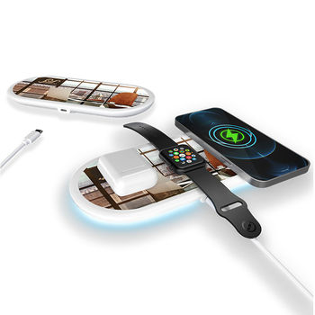 *NEW* Space-Saving Triple Wireless Charging Pad Wirelessly Charges your Phone, Apple® Watch and Airpods® Simultaneously While Emitting a Blue Calming Glow 