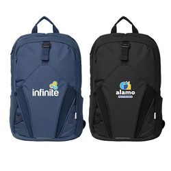 *NEW* Triple Compartment Everyday Backpack with an Elastic Outer Section is Made From Recycled, Ocean-Bound Plastic Bottles, has Built-In Safety Whistle and has Room for a 15” Laptop and a 10” Tablet - Full-Color Imprint 