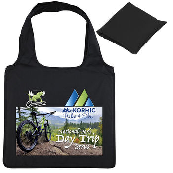 14.5" x 16" Poly Bag Folds Into Itself and is Made from Recycled Water Bottles with Full Color Printing