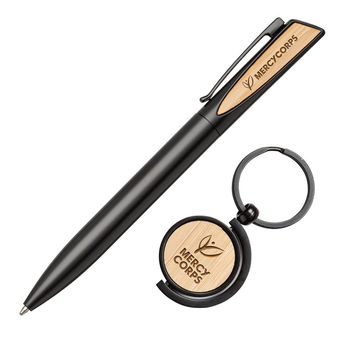 *NEW* Aluminium Twist-Action Pen with Bamboo Accent & Bamboo Keyring Gift Set