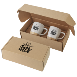 *NEW* Set of 11 oz Ceramic Mugs with Removable Bamboo Coaster in a Shippable, Secure, Custom-Fit Gift Box