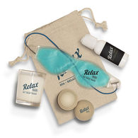 *NEW* Rest And Relax Kit Includes Lavender-Scented Candle, Natural Beeswax Lip Moisturizer, Lotion and a Gel Eye Mask in a Jute Bag